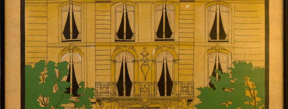 Fraçois d'ALBIGNAC (1903-1958), "Projet d'affiche de la façade du musée Lambinet", gouache, plume encore noire sur papier, 1931, don de Madame d'Albignac, 1933, inv. 98.35.1. Ville de Versailles, musée Lambinet